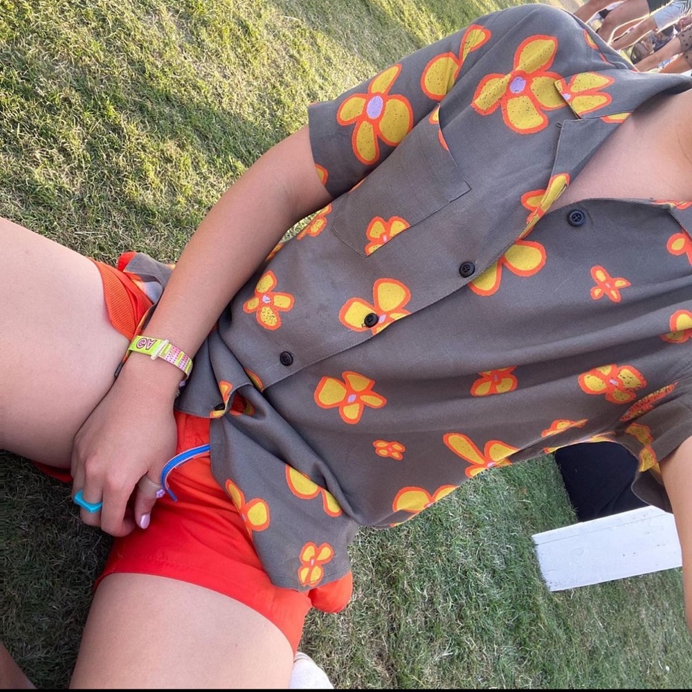 orange floral printed button up / revere shirt